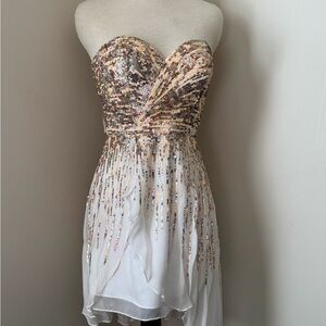 Sherri Hill Strapless Sequin Dress in Gold and Cream